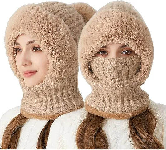 3 in 1 Beanie Hat with Scarf and Mask for Women, Knit Beanie Hat Fleece Lined Winter Scarf Mask Set Snow Caps
